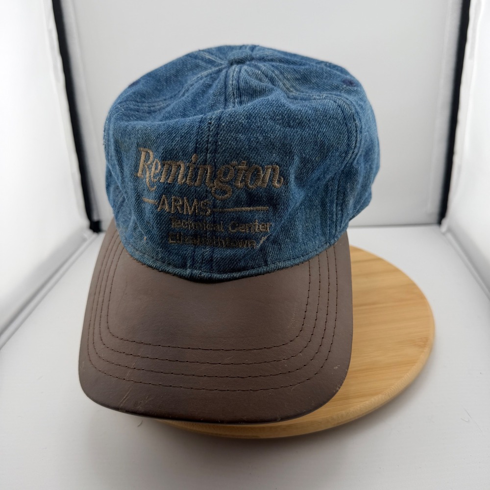 Vintage Remington Arms Technical Center Denim Hat Brown Faux Leather Brim Cap